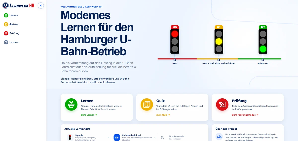 Startseite von u-lernwerk mit Lernangeboten für den Hamburger U-Bahn-Betrieb